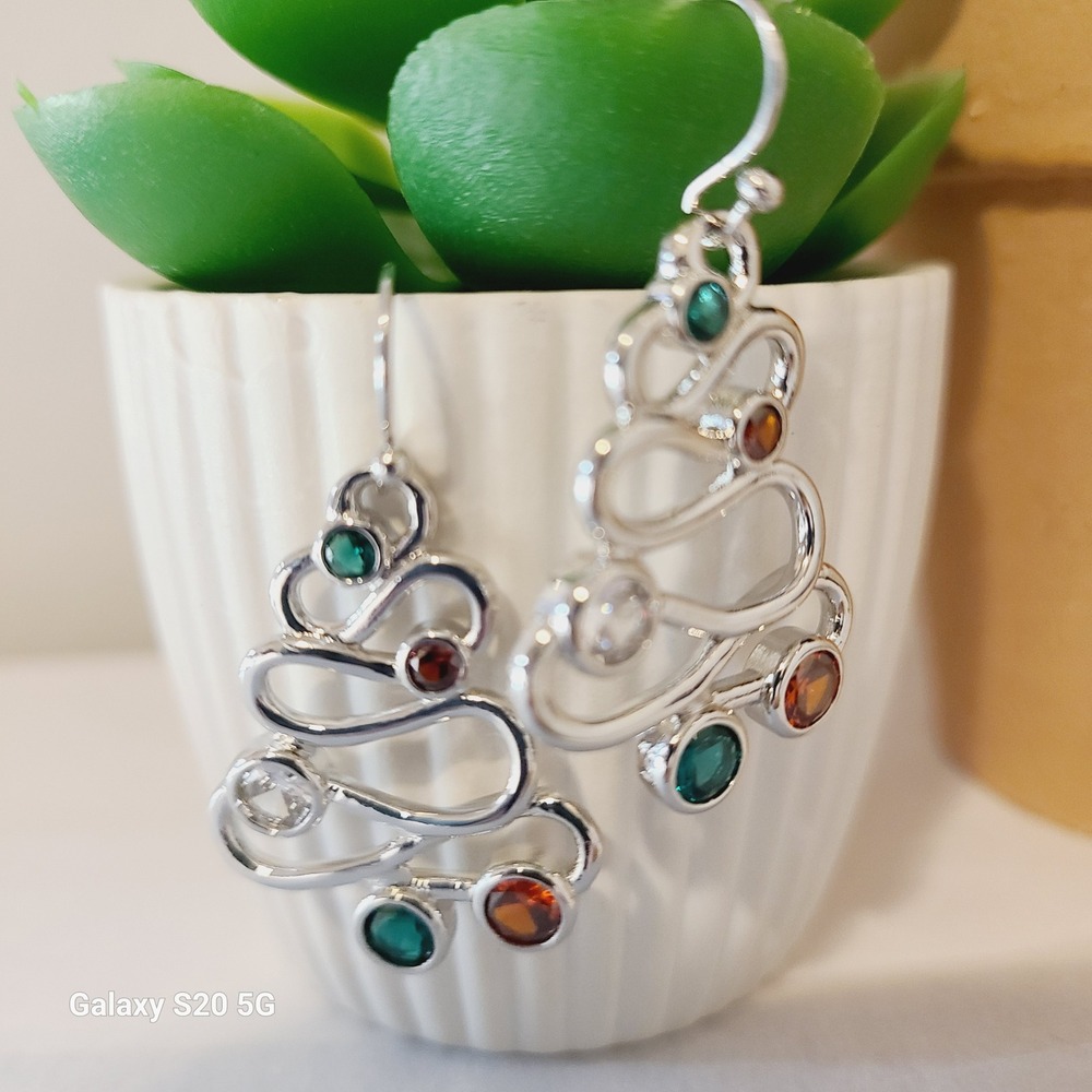 Sparkling Christmas Tree Dangle Earrings Festive Holiday Gemstones Silver Tone‎ - Picture 6 of 6